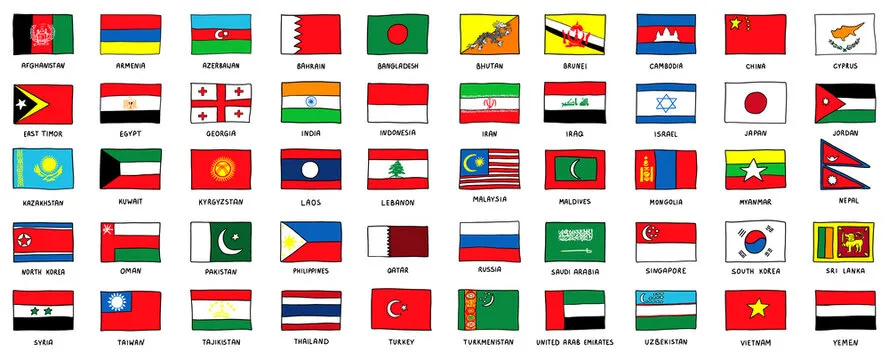 Fun facts about continents,
asian flags