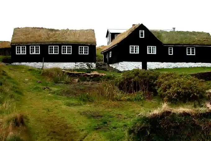 Grass-roofed houses on cliffs in the Faroe Islands